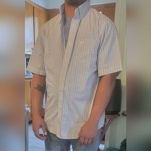 Men's Dockers brown and blue plaid button down shirt sleeve shirt.